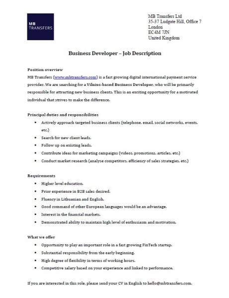 MB Transfers Job Offer - Business Developer