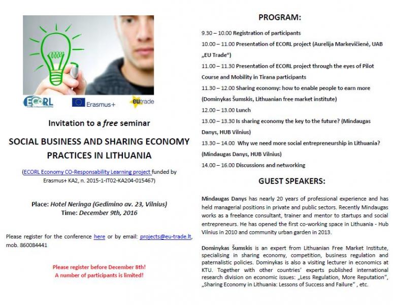 Free seminar SOCIAL BUSINESS AND SHARING ECONOMY PRACTICES IN LITHUANIA